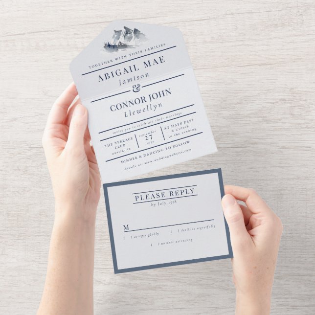 Misty Mountain Blue Grey White Elegant All In One Invitation (Tearaway)