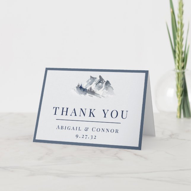 Misty Mountain Blue Grey White Elegant Border Thank You Card (Front)
