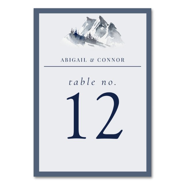 Misty Mountain Blue Grey White Elegant Table Number (Front)