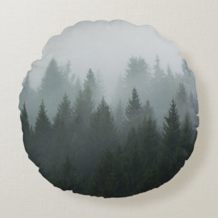 Misty Mountain Forest Autumn Fog Round Cushion
