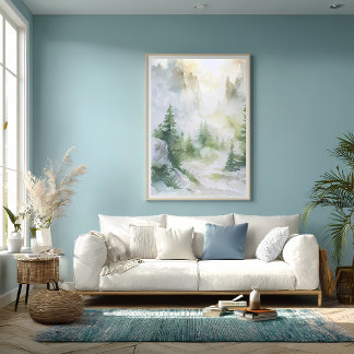 Misty Mountain Forest in Watercolor Poster