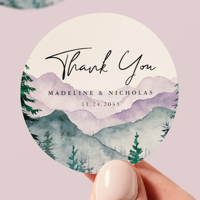 Misty Mountain Forest Wedding Thank You Classic Round Sticker (Creator Uploaded)