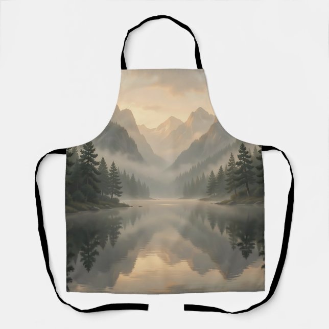 Misty Mountain Lake Reflection Pine Forest Sunrise Apron (Front)