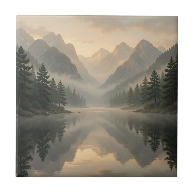Misty Mountain Lake Reflection Pine Forest Sunrise Ceramic Tile (Front)