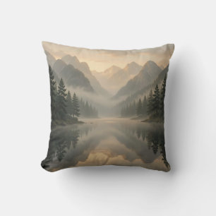 Misty Mountain Lake Reflection Pine Forest Sunrise Cushion