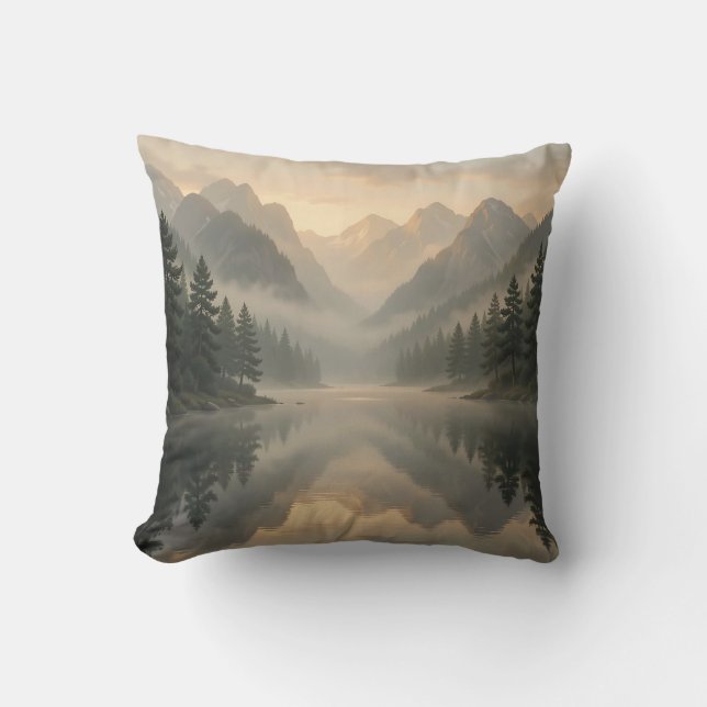Misty Mountain Lake Reflection Pine Forest Sunrise Cushion (Front)