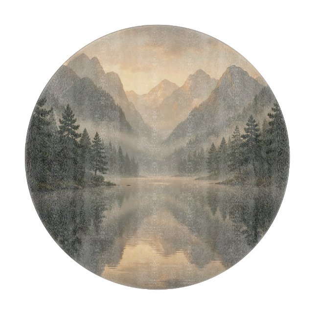 Misty Mountain Lake Reflection Pine Forest Sunrise Cutting Board (Front)