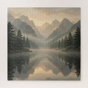 Misty Mountain Lake Reflection Pine Forest Sunrise Jigsaw Puzzle