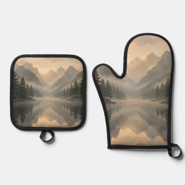 Misty Mountain Lake Reflection Pine Forest Sunrise Oven Mitt & Pot Holder Set (Front)