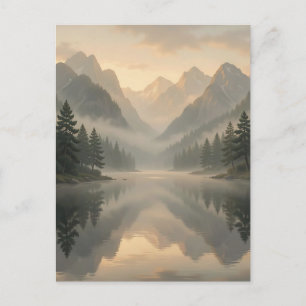 Misty Mountain Lake Reflection Pine Forest Sunrise Postcard