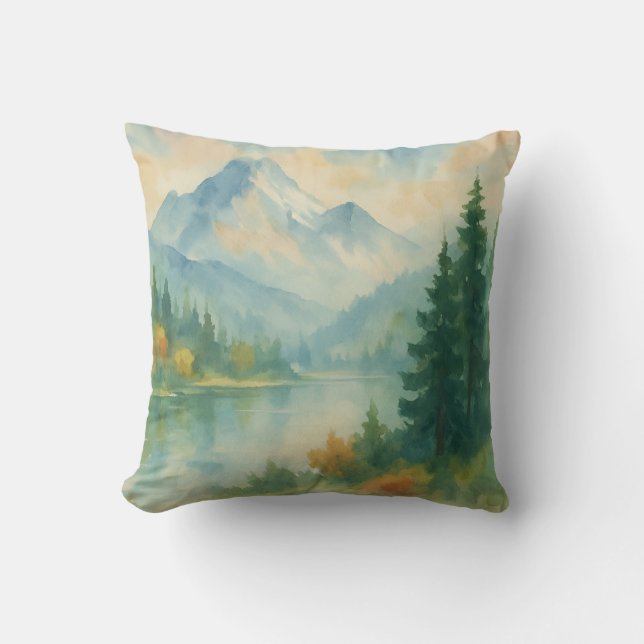 Misty Mountain Landscape Throw Pillow (Front)