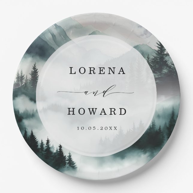 Misty Mountain Pine Forest Moon Wedding Paper Plate (Front)