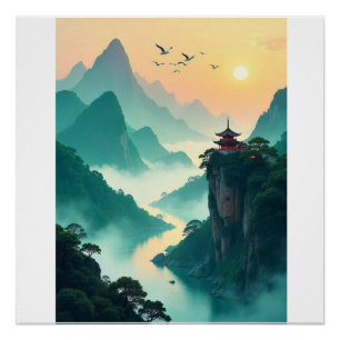 Misty Mountain Temple Landscape – Serene Asian Nat Poster