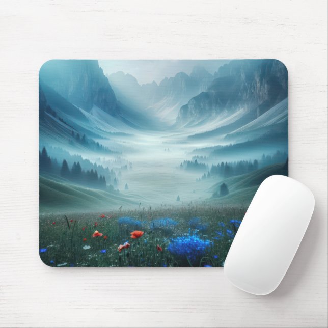 Misty Mountain Valley With Wildflowers Mouse Pad (With Mouse)