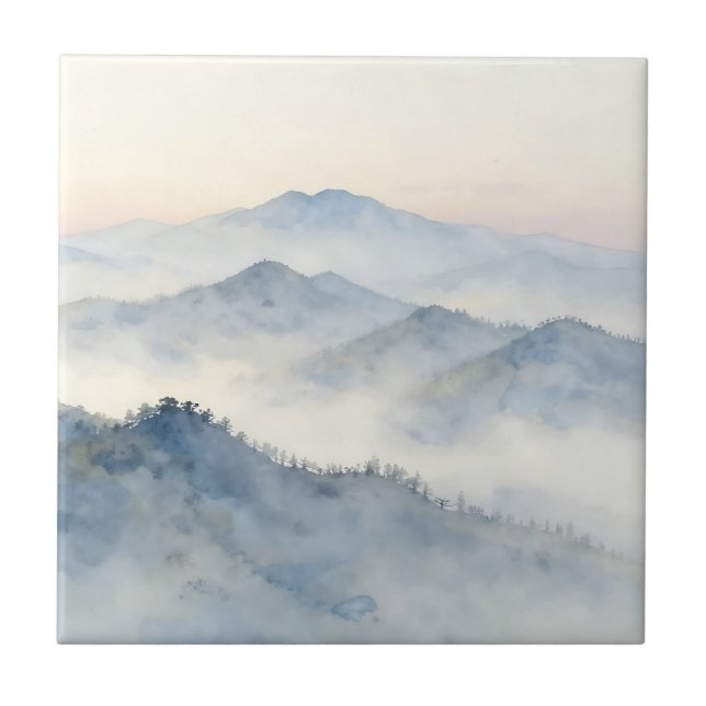 Misty Mountain Watercolor Landscape Ceramic Tile (Front)
