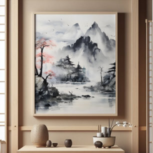Misty Mountains Ink Painting Photo Print