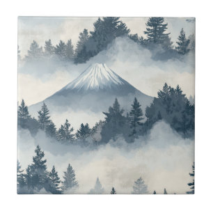 Misty Peaks – Watercolor Mountain Landscape (2) Ceramic Tile