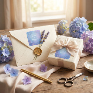 Misty Periwinkle Botanical Gold Border Wedding Square Sticker