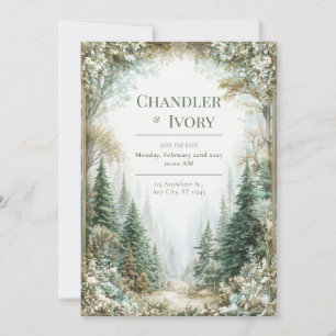 Misty Pine Forest Gold Floral Wedding Invitation