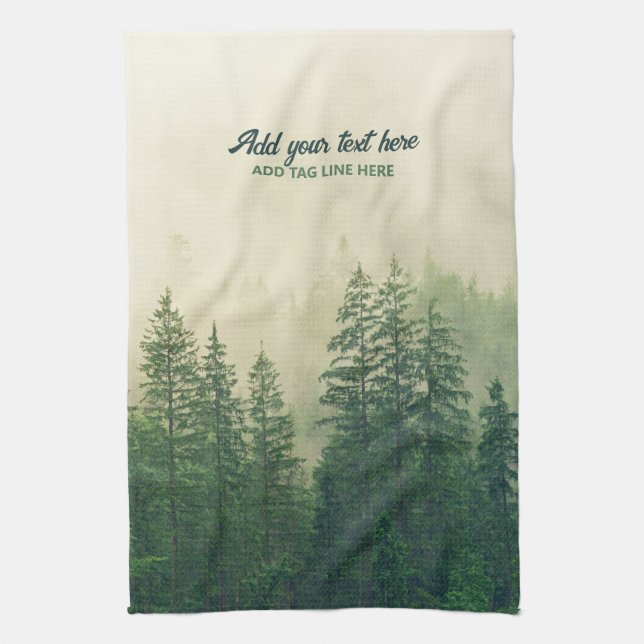 Misty Pine Forest Trees Custom Keepsake Tea Towel (Vertical)