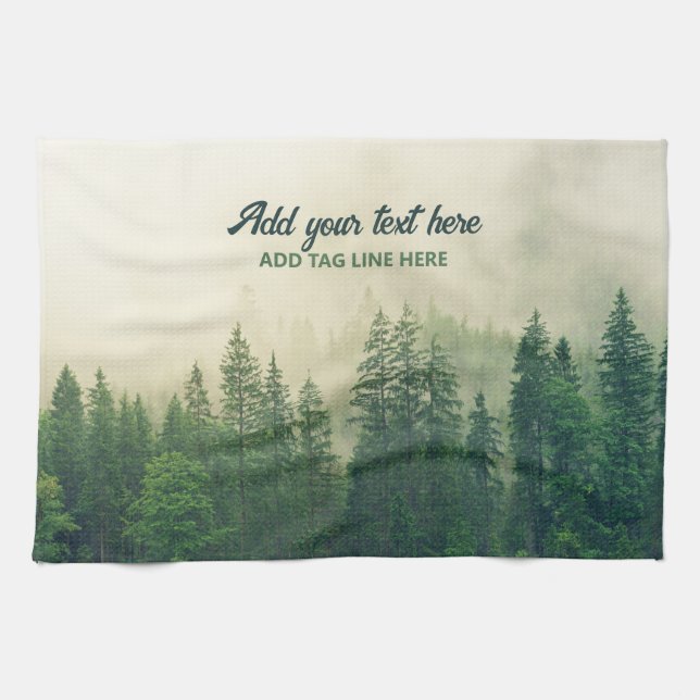 Misty Pine Forest Trees Custom Keepsake Tea Towel (Horizontal)