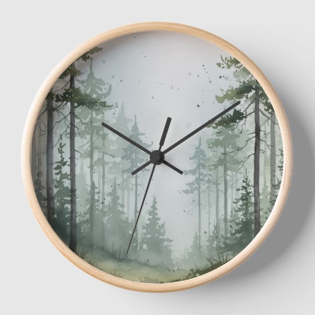 Misty Pine Forest Wall Clock – Green & Grey Design (Front)