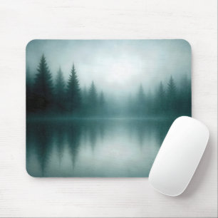 Misty Pine Tree Reflection in Lake Water Mouse Pad