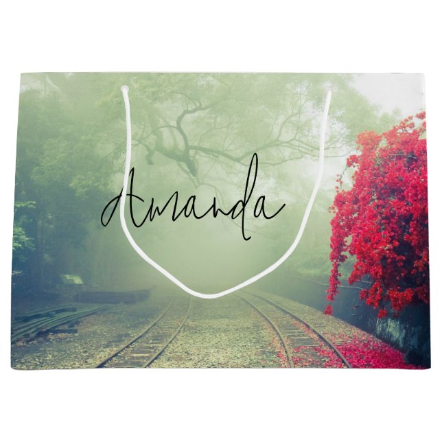 Misty Railroad Tracks Scenic Photo Birthday Large Gift Bag (Front)