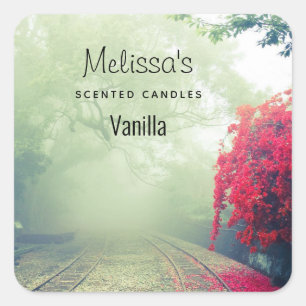 Misty Railroad Tracks Scenic Photo Candle Biz Square Sticker