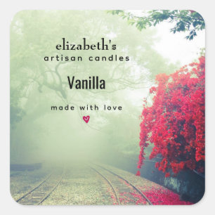 Misty Railroad Tracks Scenic Photo Candle Biz Square Sticker