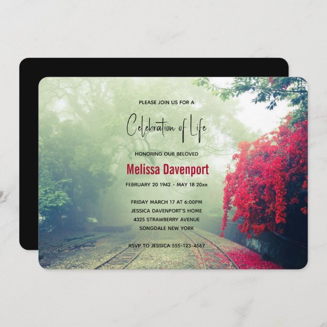 Misty Railroad Tracks Scenic Photo Memorial Invitation (Front/Back)