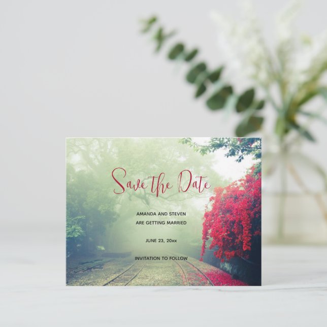Misty Railroad Tracks Scenic Photo Save the Date Invitation Postcard (Standing Front)