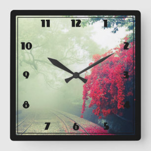 Misty Railroad Tracks Scenic Photo Square Wall Clock