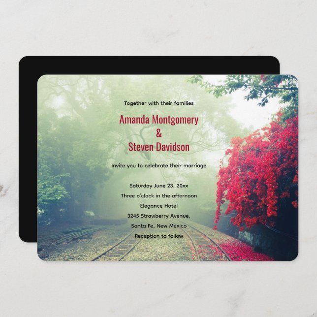 Misty Railroad Tracks Scenic Photo Wedding Invitation (Front/Back)