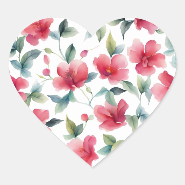 Misty Red Floral Pattern Heart Sticker (Front)