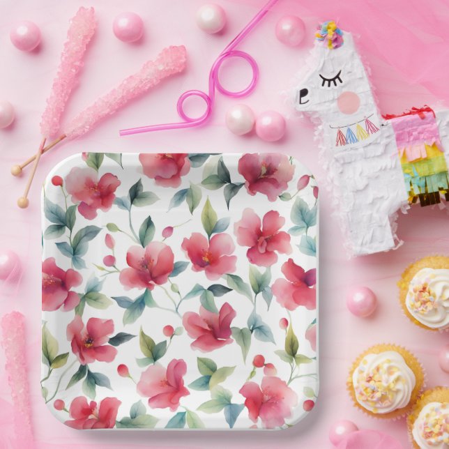 Misty Red Floral Pattern Paper Plate (Party)