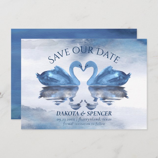 Misty Reflections | Classic Blue Swan Lake Wedding Save The Date (Front/Back)