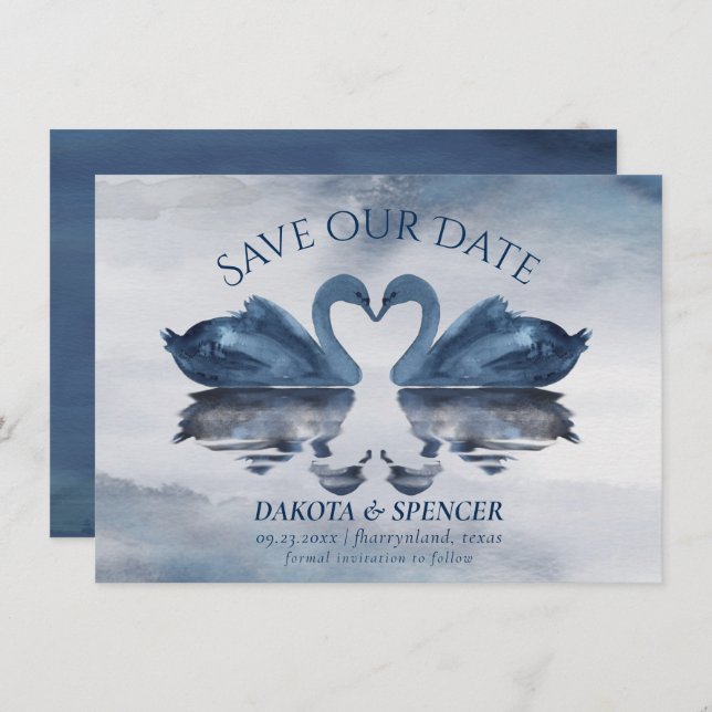 Misty Reflections | Dusty Blue Swan Lake Wedding Save The Date (Front/Back)