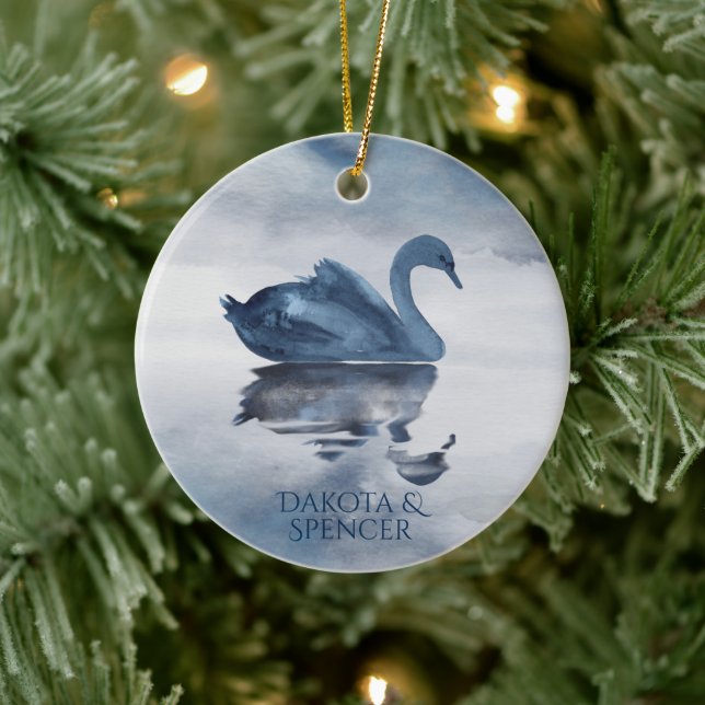 Misty Reflections | Dusty Blue Swan on Lake Name Ceramic Ornament (Tree)