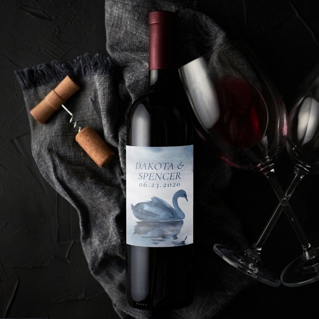 Misty Reflections | Dusty Blue Swan Wedding Favour Wine Label (Creator Uploaded)