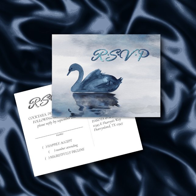 Misty Reflections | Dusty Blue Swan Wedding RSVP Postcard (Creator Uploaded)