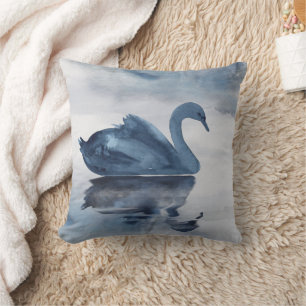 Misty Reflections   Moody Dusty Blue Swan on Lake Cushion