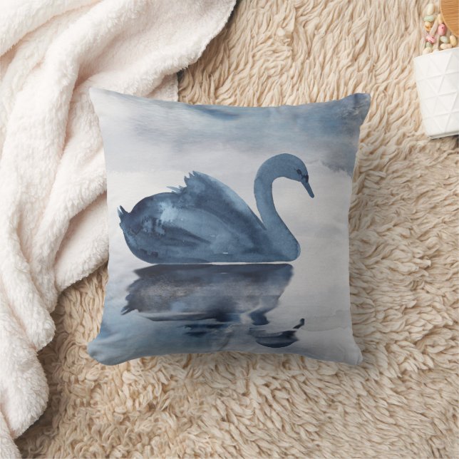 Misty Reflections | Moody Dusty Blue Swan on Lake Cushion (Blanket)