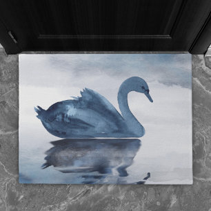 Misty Reflections   Moody Dusty Blue Swan on Lake Doormat