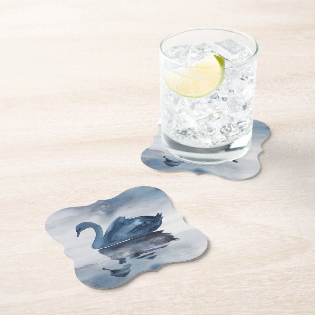 Misty Reflections | Moody Dusty Blue Swan on Lake Paper Coaster (Insitu)