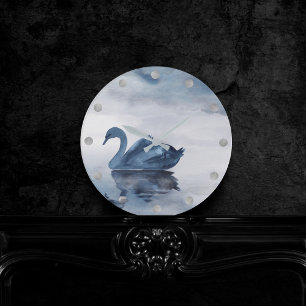 Misty Reflections   Moody Dusty Blue Swan on Lake Round Clock