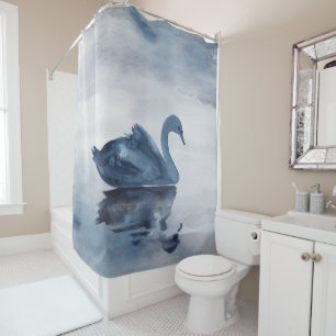 Misty Reflections   Moody Dusty Blue Swan on Lake Shower Curtain