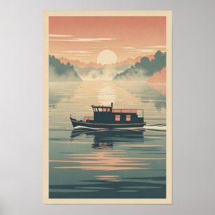 Misty River Ferry at Sunrise Retro Poster