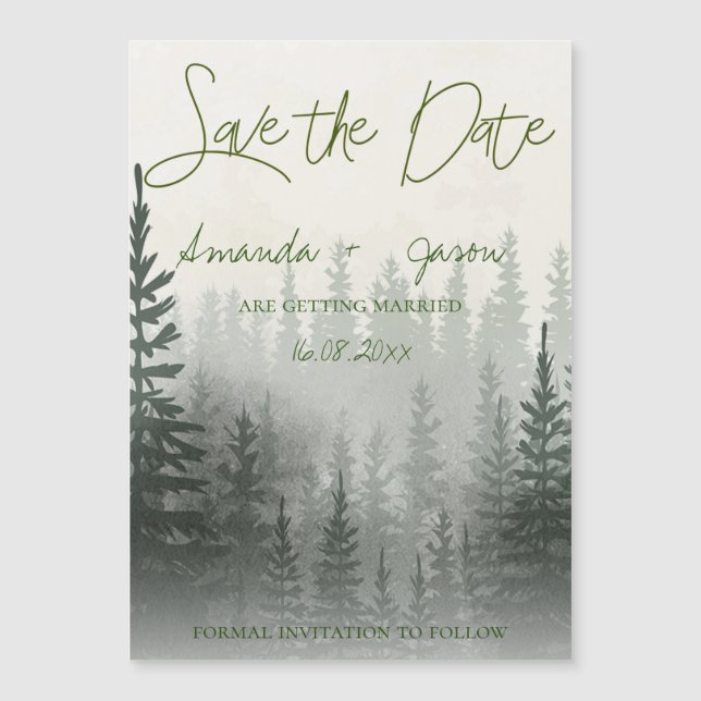 Misty Romantic Forest Trees Wedding Save The Date (Front)