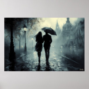 Misty Romantic Night Walk in the Rain Art Poster